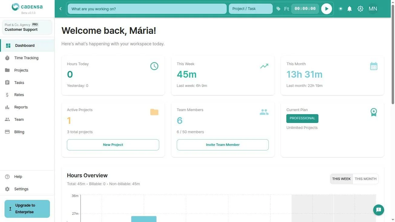 Cadensa dashboard — time tracking and project overview